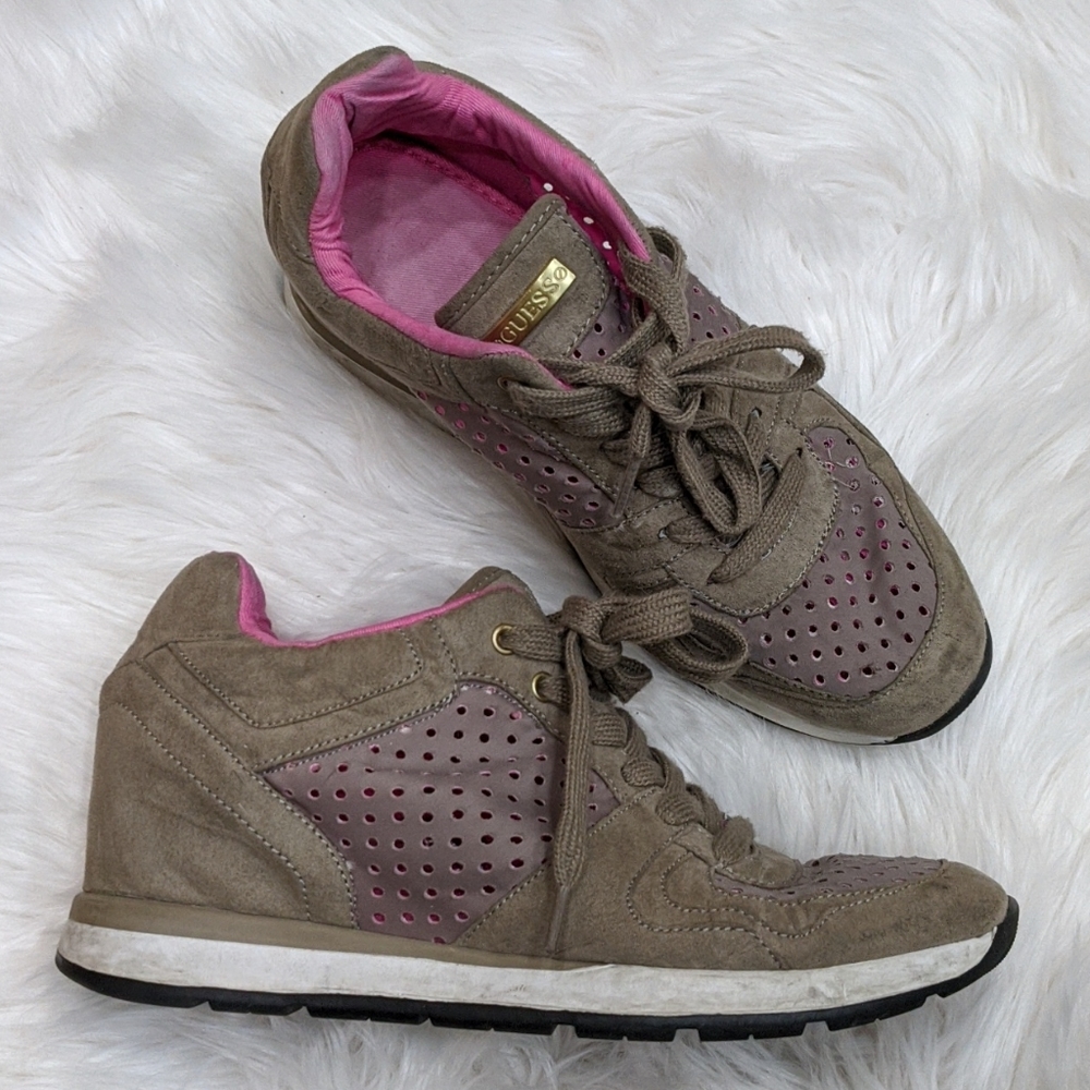 Guess taupe grey hidden wedge tennis shoe sneakers